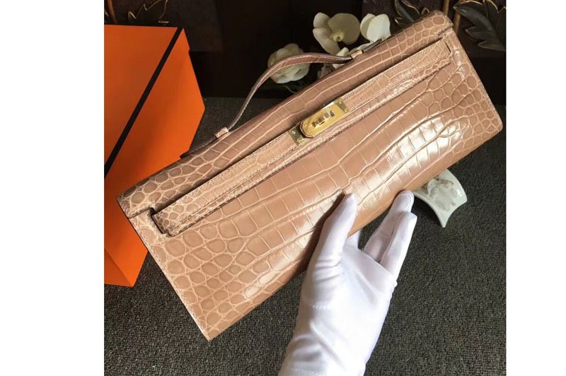 Hermes Kelly Cut31CM Real Crocodile Leather Cluth Bags Handmade Apricot