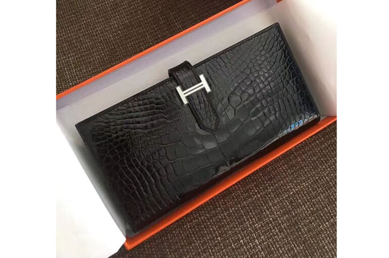 Hermes Bearn Wallet Real Crocodile Leather Handstitched Black