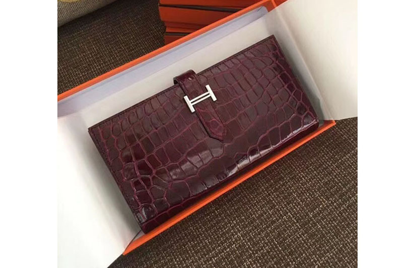 Hermes Bearn Wallet Real Crocodile Leather Handstitched Wine