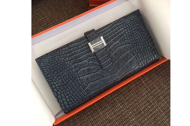 Hermes Bearn Wallet Real Crocodile Leather Handstitched Gray