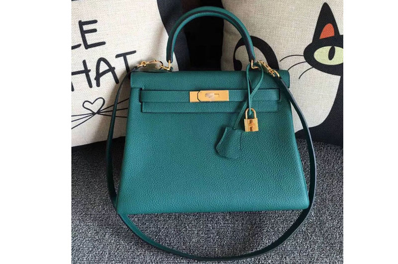 Hermes Kelly 28 Tote Bags Original Togo Leather Handstitched Malachite Green