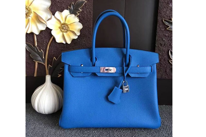 Hermes Birkin 30 Tote Bags Original Togo Leather Handstitched Blue