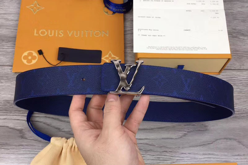 Louis Vuitton M0159V LV Initiales 40mm Reversible Belt Blue Monogram Canvas and Taiga leather