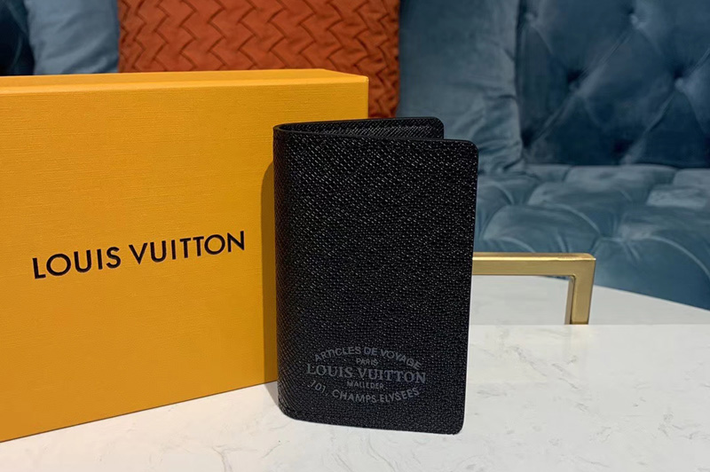 Louis Vuitton M30375 LV Pocket Organizer Wallets Black Taiga leather