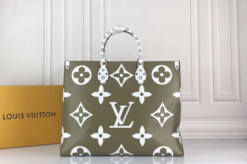 Louis Vuitton M44571 LV Onthego tote bags Monogram coated canvas Khaki Green/White/Beige/Crème Beige