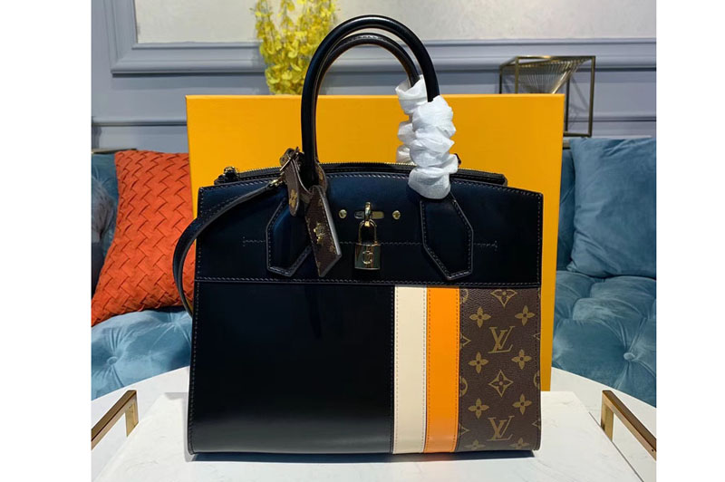 Louis Vuitton M55433 LV City Steamer PM handbags Black/Yellow/Beige Calf leather and Monogram Canvas