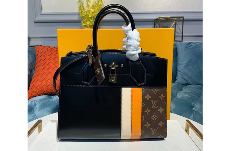 Louis Vuitton M55433 LV City Steamer MM handbags Black/Yellow/Beige Calf leather and Monogram Canvas