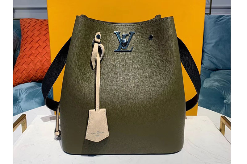 Louis Vuitton M55439 LV Lockme Bucket handbags Green/Beige/Black Grained calf leather