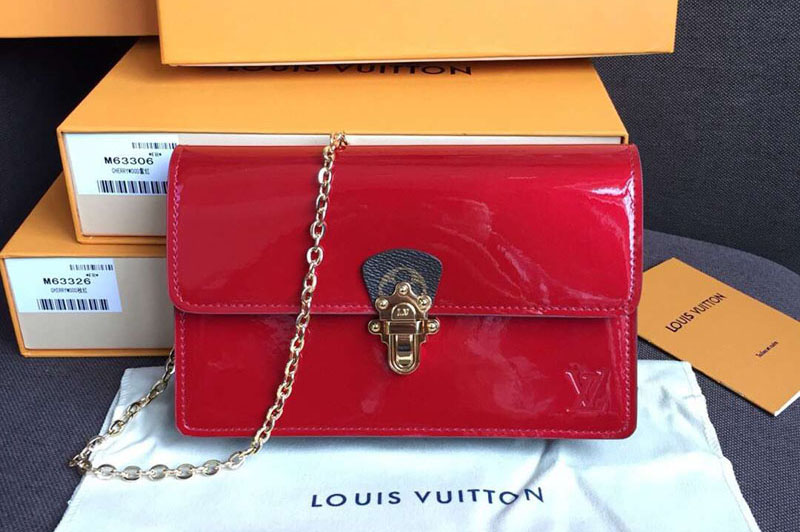 Louis Vuitton M63305 Cherrywood Chain Wallet Bags Red Patent calf leather with Monogram canvas