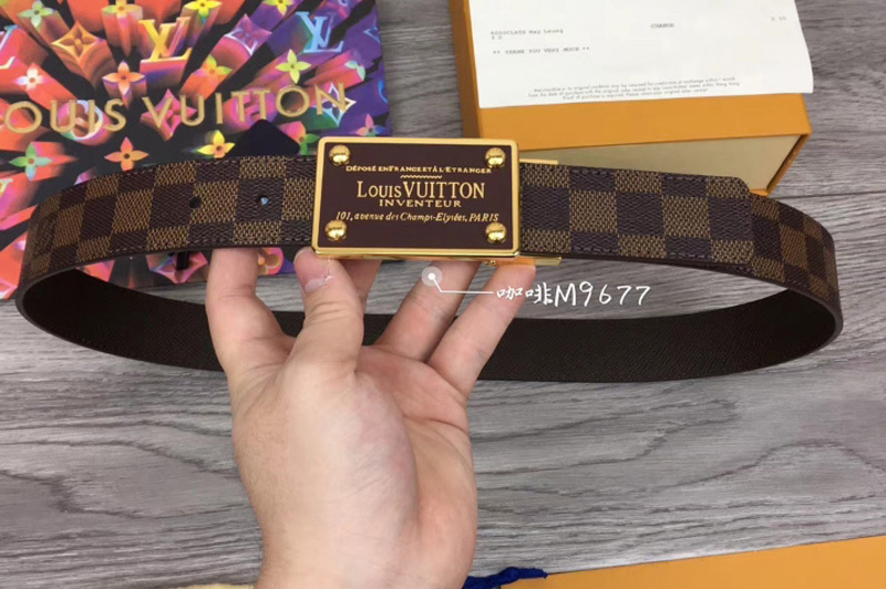 Louis Vuitton M9677 LV Neo Inventeur Reversible 35mm Belts Damier Ebene Canvas Gold Buckle
