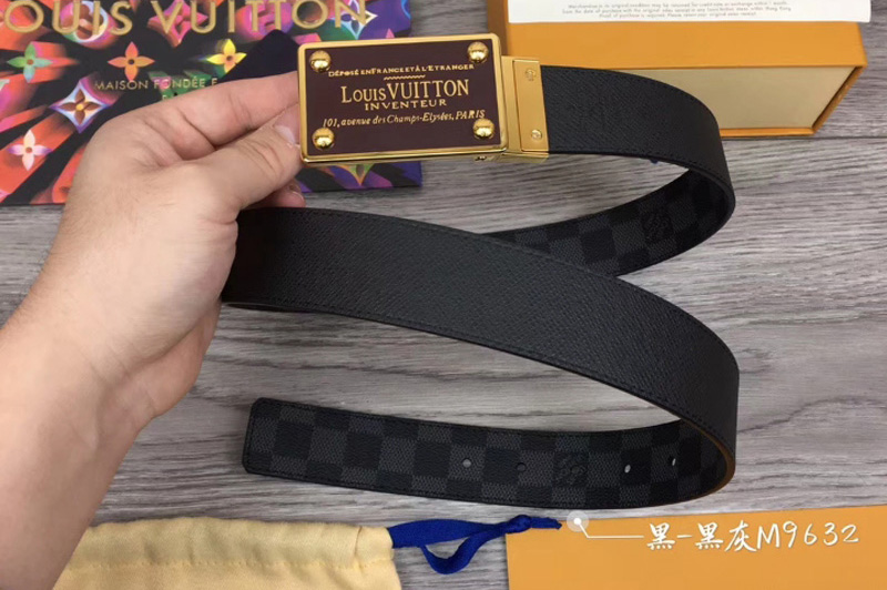 Louis Vuitton M9632 LV Neo Inventeur Reversible 35mm Belts Damier Graphite Canvas Gold Buckle