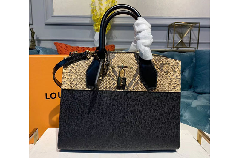 Louis Vuitton N95924 LV City Steamer MM handbags Black Grained calfskin and python leather