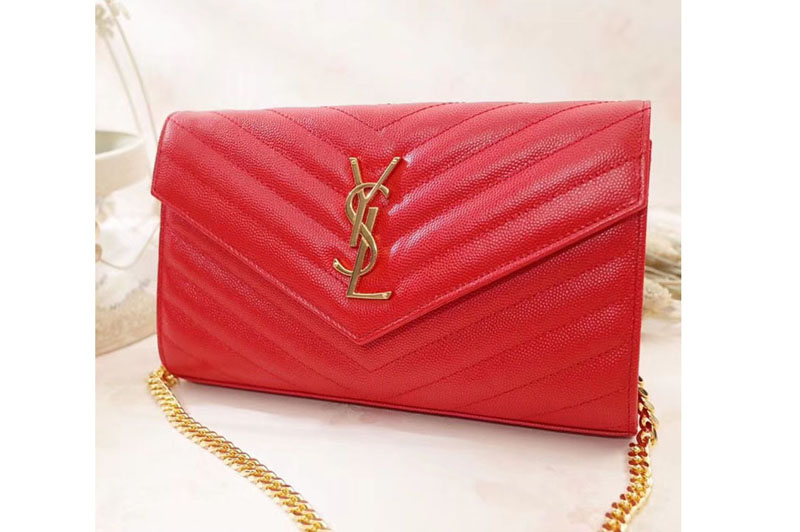 YSL 377828 Saint Laurent Chain Wallet Red Matelasse Leather Gold Hardware