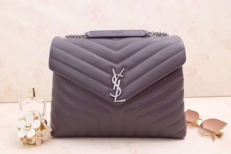 YSL Saint Laurent Medium Loulou Chain Bags Grey Leather Silver Hardware