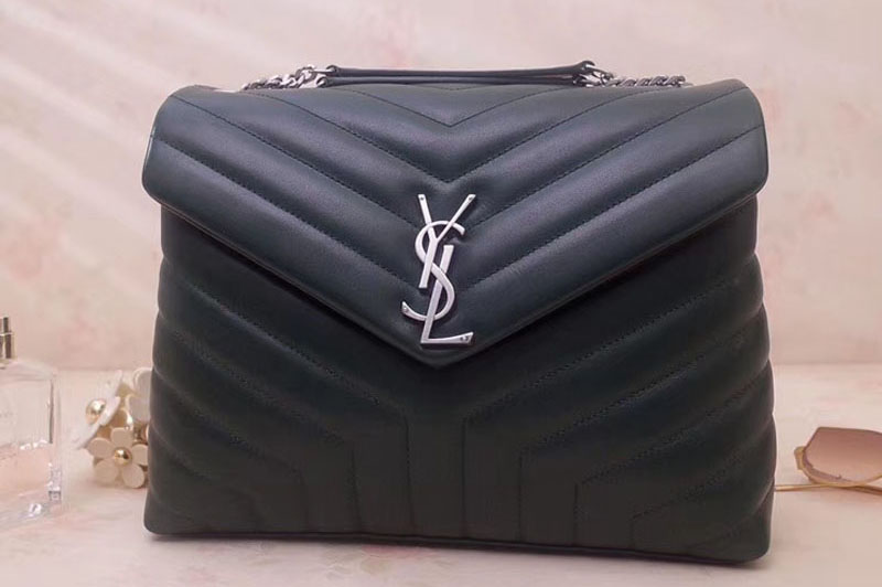 YSL Saint Laurent Medium Loulou Chain Bags 459749 Dark Green Leather Silver Hardware