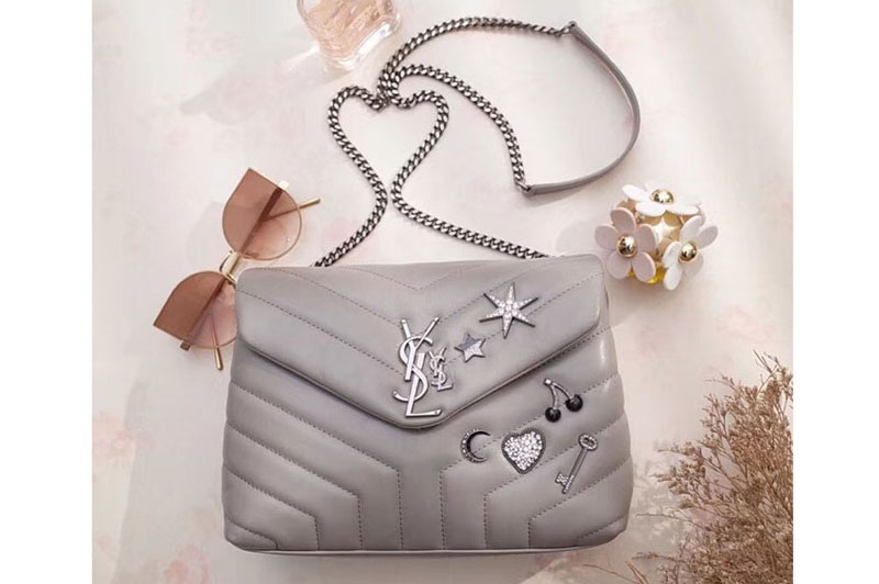 YSL Saint Laurent Loulou Bag in Matelasse Leather With Crystal 470837 Gray