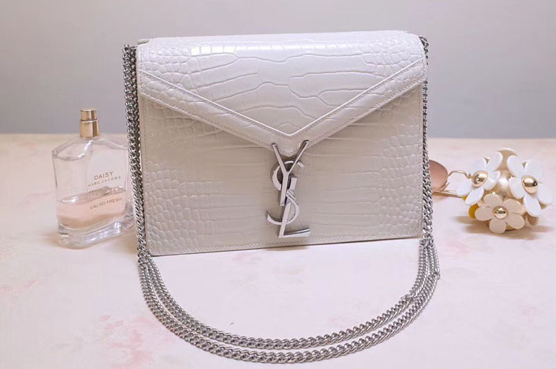 YSL 532750 Cassandra Monogram Clasp Bags In White Crocodile Embossed Shiny Leather