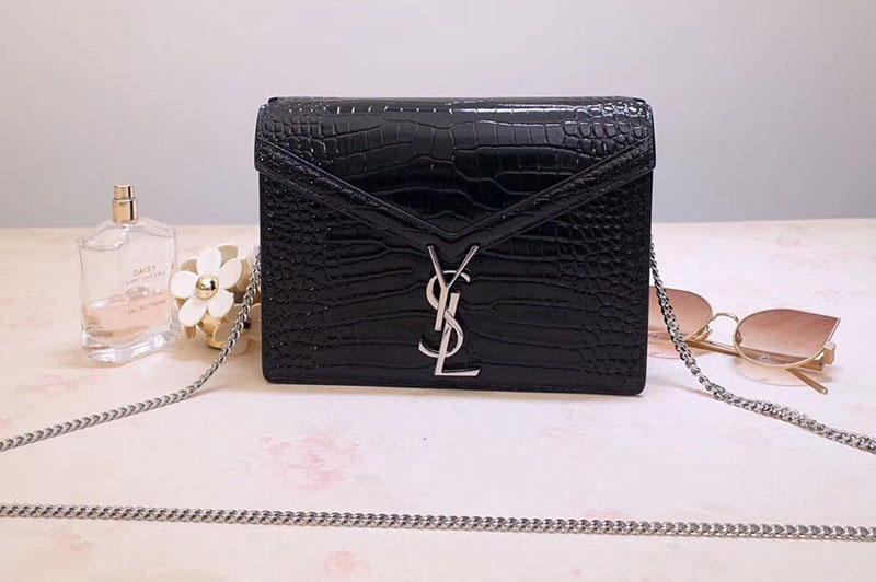 YSL 532750 Cassandra Monogram Clasp Bags In Black Crocodile Embossed Shiny Leather