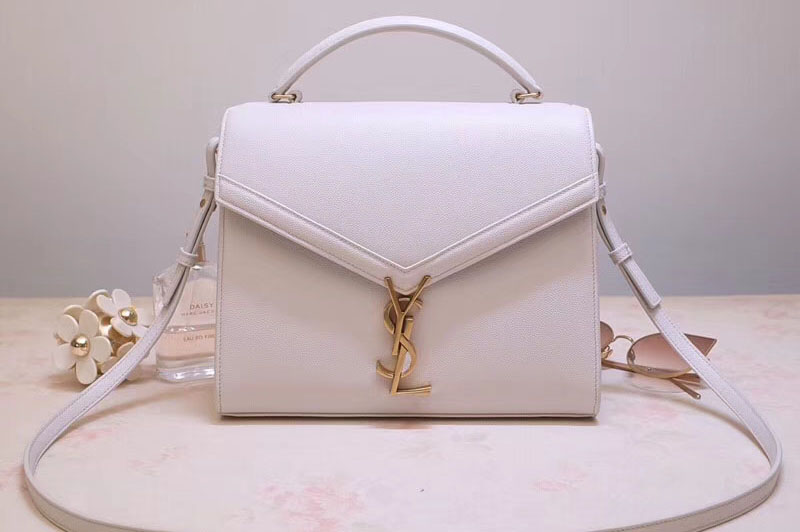 YSL 578000 Cassandra Top Handle Medium Bags In White Grain De Poudre Embossed Leather