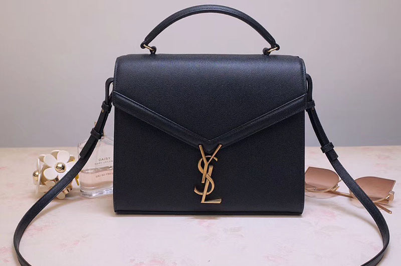 YSL 578000 Cassandra Top Handle Medium Bags In Black Grain De Poudre Embossed Leather