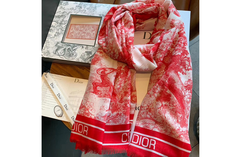 Dior Toile de Jouy stole Scraf in Red wool and silk and cashmere