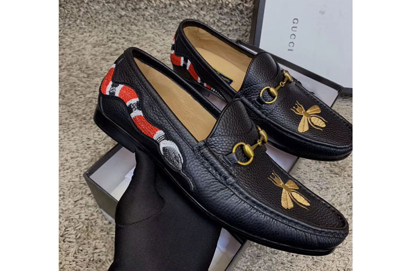 Gucci Leather Horsebit loafer with Bee Print Black Leather