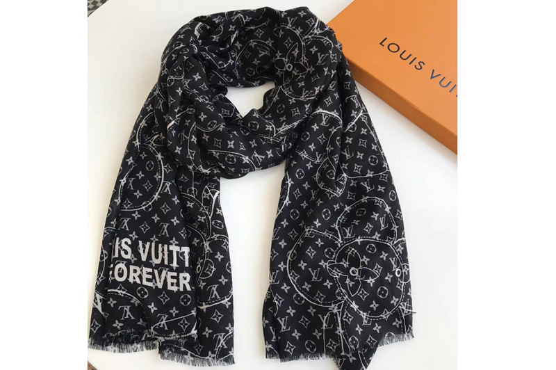 Louis Vuitton LV Black Vivienne Scarf 100% Cashmere