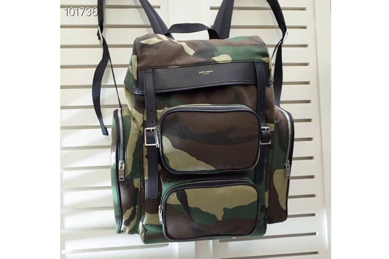 YSL Saint Laurent Cotton Hunting Multi-Pocket Rucksack Backpack 414739 Camouflage
