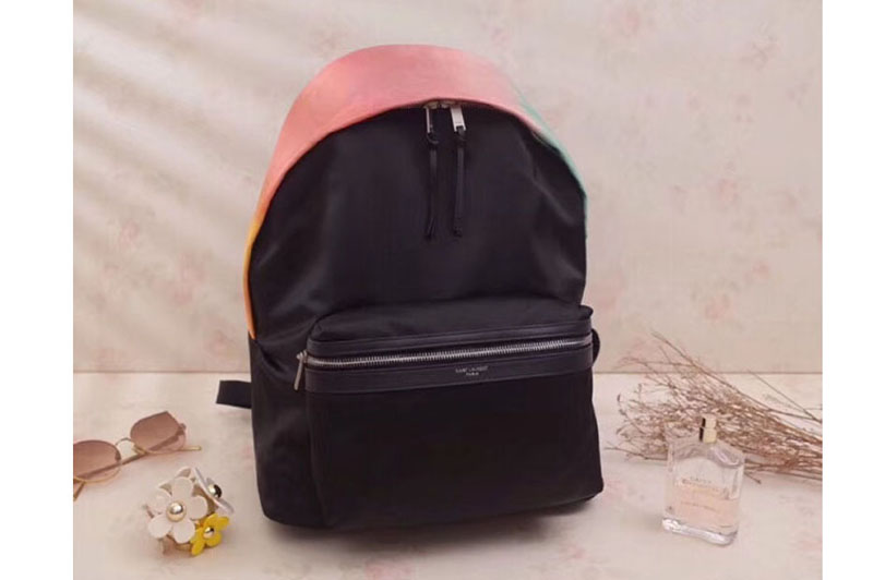 YSL Saint Laurent City Backpack In Nylon Canvas and Leather 465448 Black and Pink
