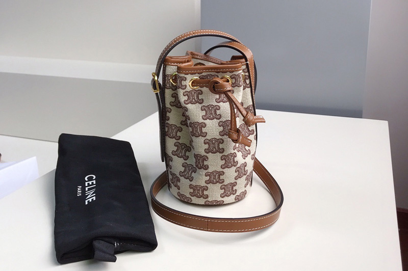 Celine 10H492 Micro Drawstring Bag in textile with triomphe embroidery Vintage Brown