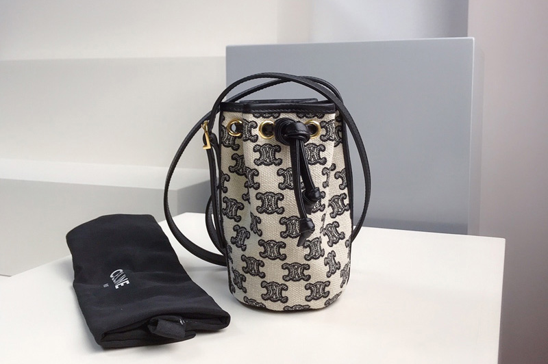 Celine 10H492 Micro Drawstring Bag in textile with triomphe embroidery Vintage Black
