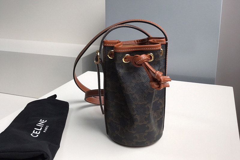 Celine 10H492 Micro Drawstring Bag in textile with triomphe embroidery Brown