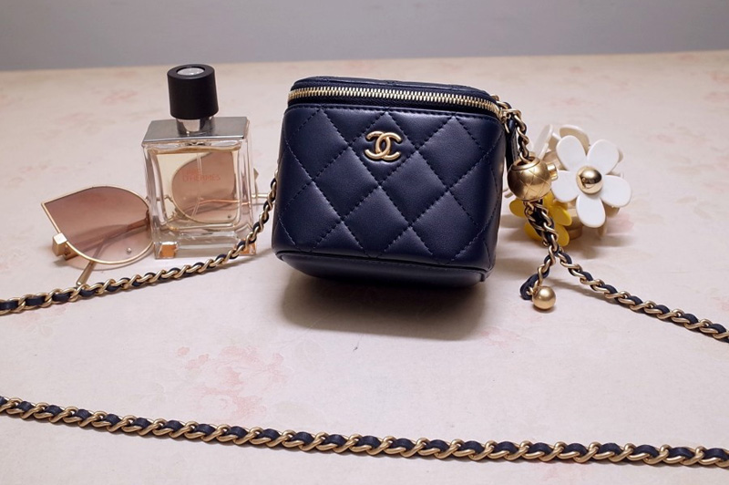 CC AP1447 Small Classic Box with Chain in Navy Blue Lambskin