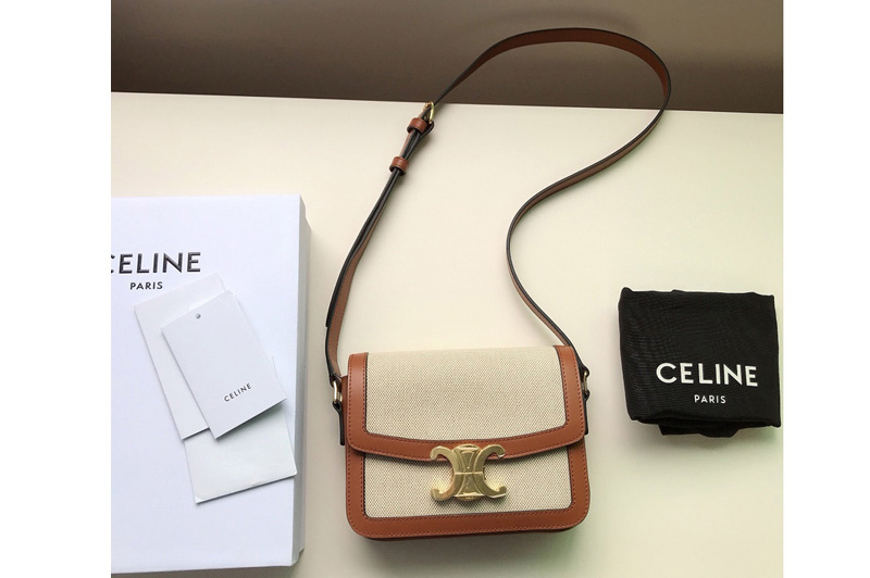 Celine 188882 Teen Triomphe Bag in Textile and Natural Calfskin Tan/White
