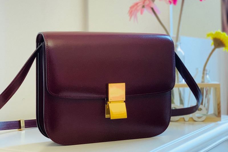 Celine 189173 Medium Classic Bag in Burgundy box calfskin Leather
