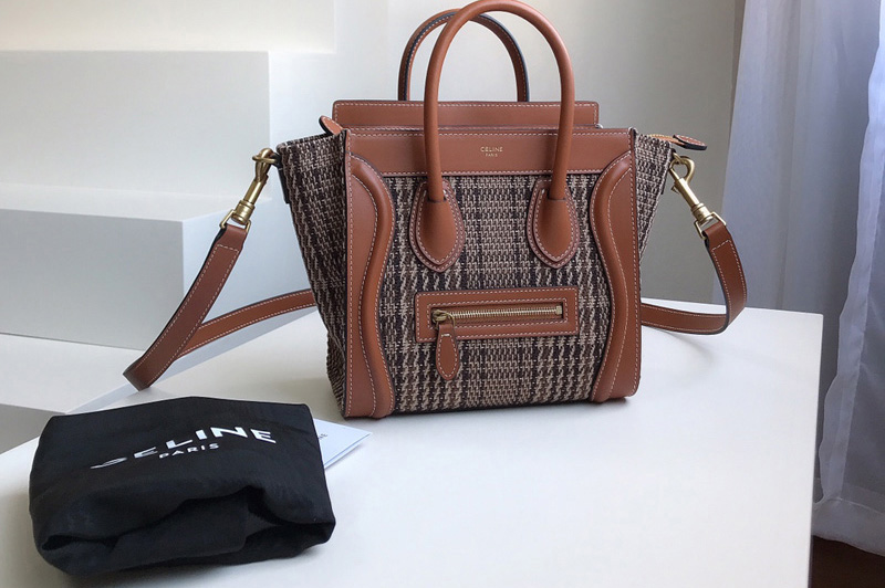 Celine 189242 nano luggage bag in Brown/TAN textile and calfskin