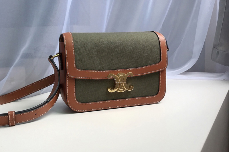 Celine 191242 Medium Triomphe Bag in Green Textile and Brown Calfskin