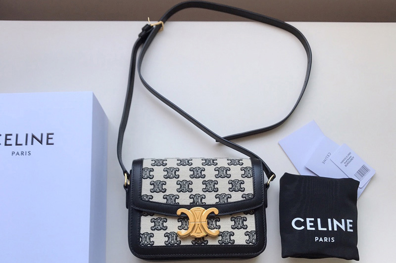 Celine 191242 Medium Triomphe bag in Textile with triomphe embroidery and calfskin Black