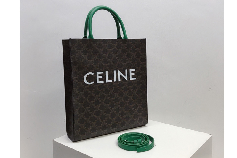 Celine 191542 Small Vertical Cabas in Triomphe Canvas with Celine Print And Green Leather