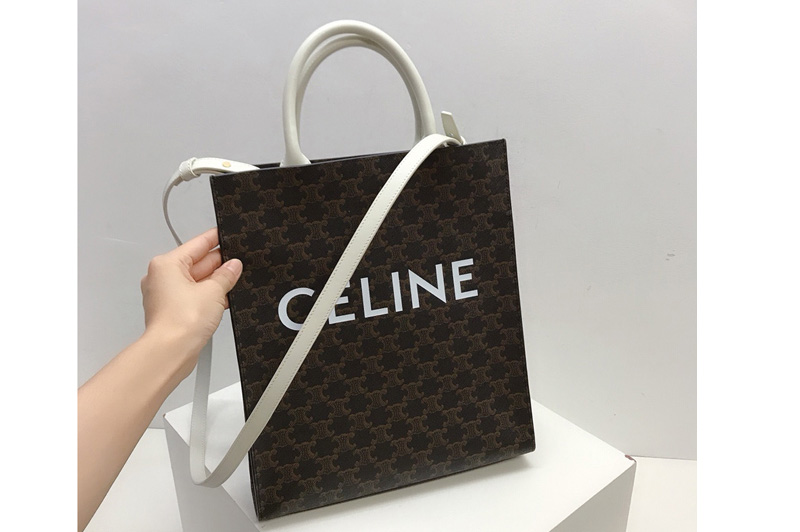 Celine 191542 Small Vertical Cabas in Triomphe Canvas with Celine Print And White Leather