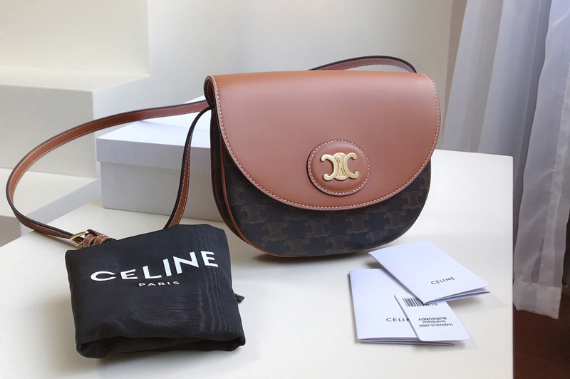 Celine 194152 triomphe saddle bag in triomphe canvas with Tan CALFSKIN Leather