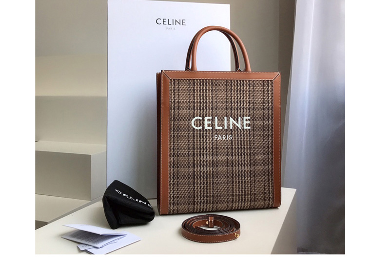 Celine 194352 small cabas vertical Bag in Brown/Tan Triomphe Textile and Calfskin