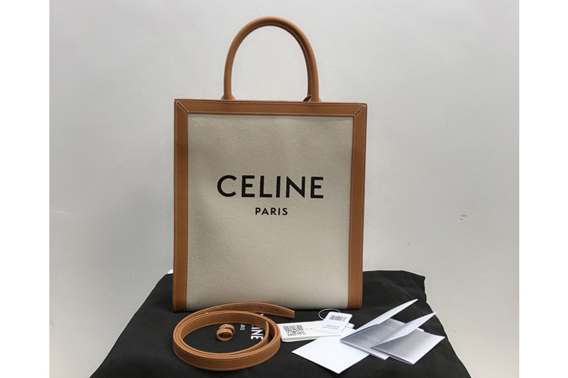 Celine 192082 small cabas vertical celine Bag in canvas with celine print and Tan calfskin