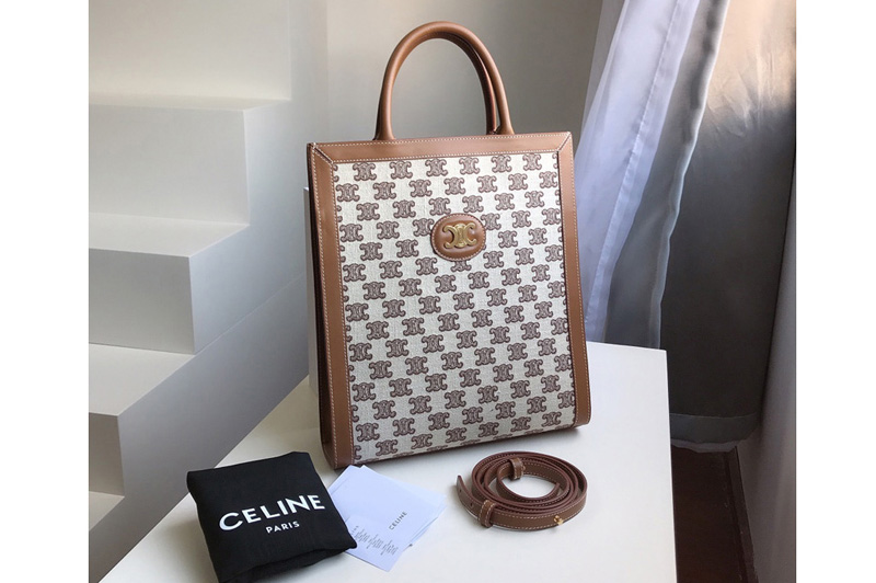 Celine 194352 small cabas vertical Bag in textile with triomphe embroidery Brown