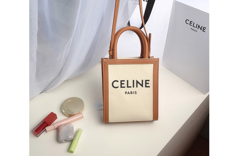 Celine 193302 Mini vertical cabas celine Bag in canvas with celine print and Tan calfskin