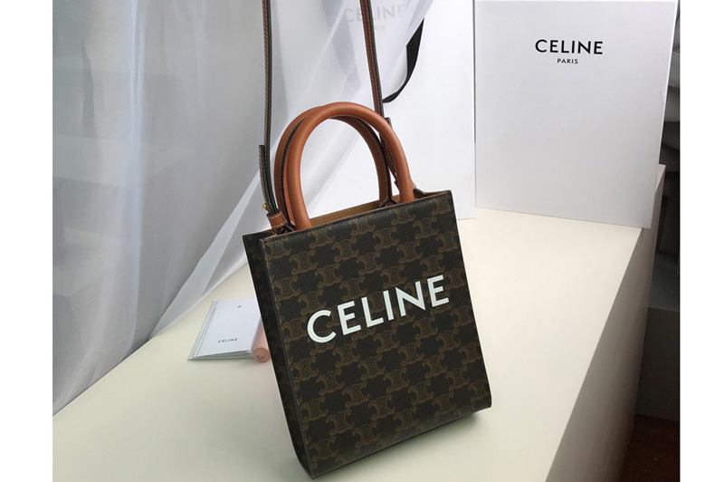 Celine 194372 Mini vertical cabas Bag in triomphe canvas with Tan calfskin Leather