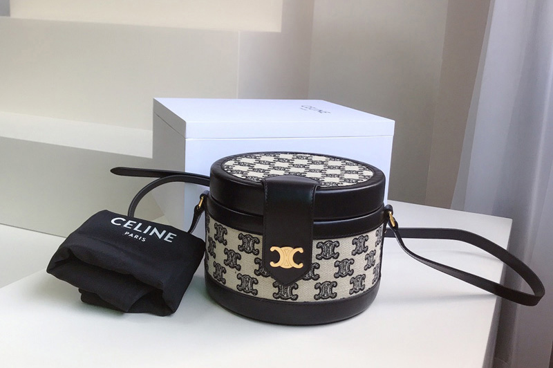Celine 195642 small tambour bag in textile with triomphe embroidery Black