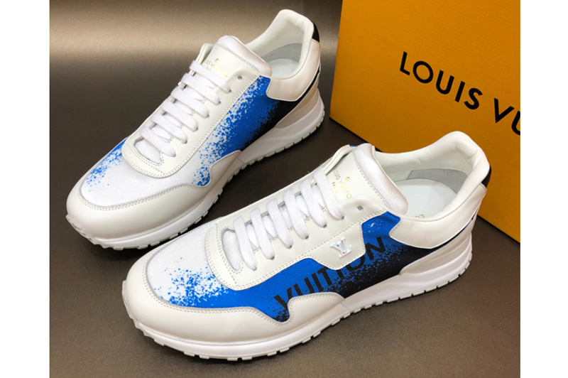 Louis Vuitton 1A5ASF LV Run Away Sneaker in white calf leather and Blue textile printed