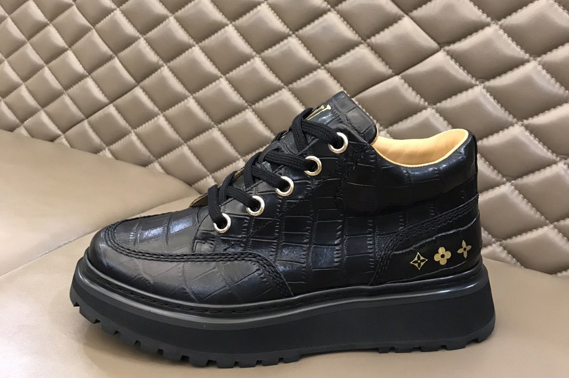 Louis Vuitton 1A7WLH LV Abbesses derby Shoe in Black Crocodile Print Glazed calf leather