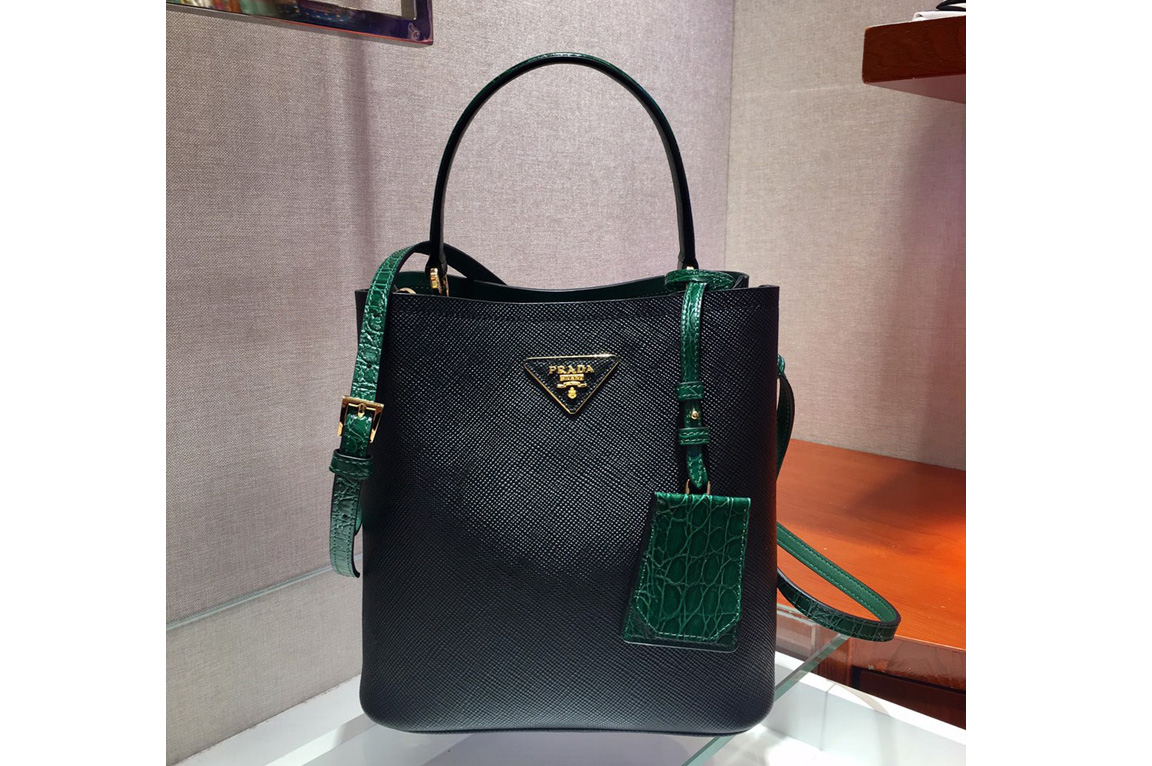 Prada 1BA212 Panier Medium bags Black/Green Saffiano leather
